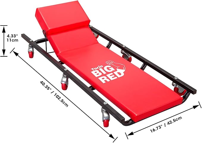 BIG RED TR6452 Torin Rolling Garage/Shop Creeper: 40" Padded Mechanic Cart with Adjustable Headrest and 6 Casters, Red