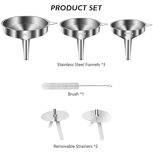 Artcome 3 Pcs Stainless Steel Kitchen Funnel Set, Food Grade 3-in-1 Metal Funnel, Ideal for Transferring of Liquid, Sauce, Jam, Particles & Powder - Dispensing Funnels with Strainers - Dish-Wash Safe