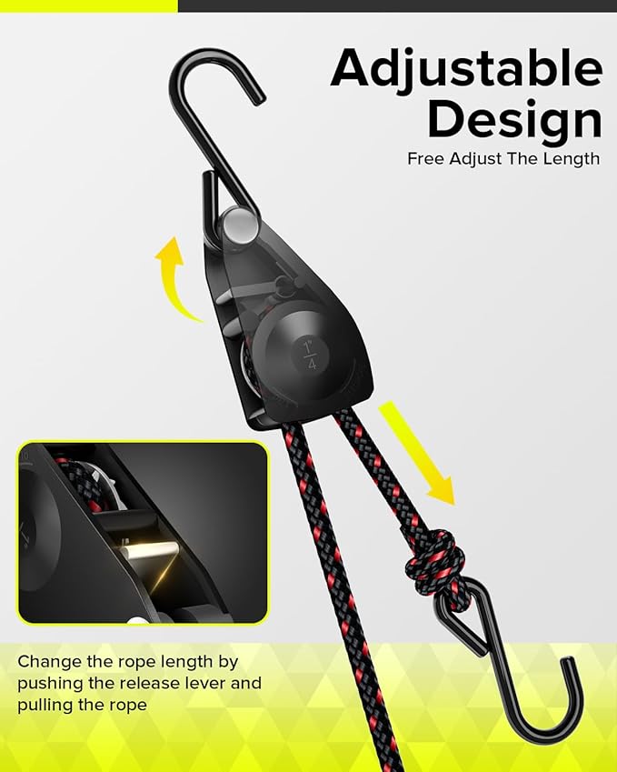 1/4" Ratchet Tie Down Straps, 2-Pack 12ft Adjustable Rope Hangers, Heavy Duty Kayak Pulley System with Hooks for Kayak Accessories, Hiking, Camping, Boating & Water Activities