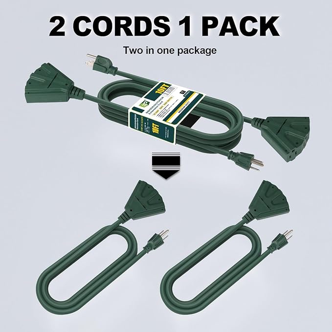 EP 2 Pack 10 Ft Outdoor Extension Cord with 3 Electrical Power Outlets - 16/3 SJTW Green Cable with 3 Prong Grounded Plug for Safety Great for Christmas Lights, Garden and Major Appliances