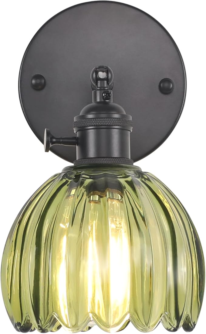 Vintage Wall Sconce with Green Tulip Glass Lampshade 180 Degree Adjustable Black Sconce Hradwired Modern Wall Lighting Fixture with Switch for Bedside Bedroom Doorway