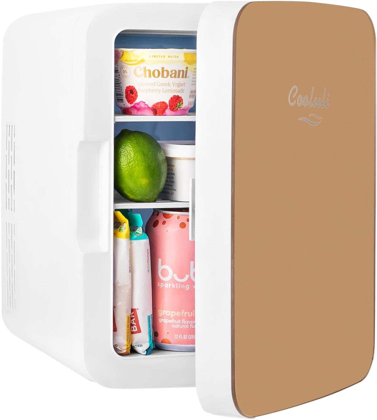 Cooluli 10L Mini Fridge for Bedroom - Car, Office Desk & College Dorm Room - 12v Portable Cooler & Warmer for Food, Drinks, Skincare, Beauty & Makeup - AC/DC Small Refrigerator with Glass Front, Gold