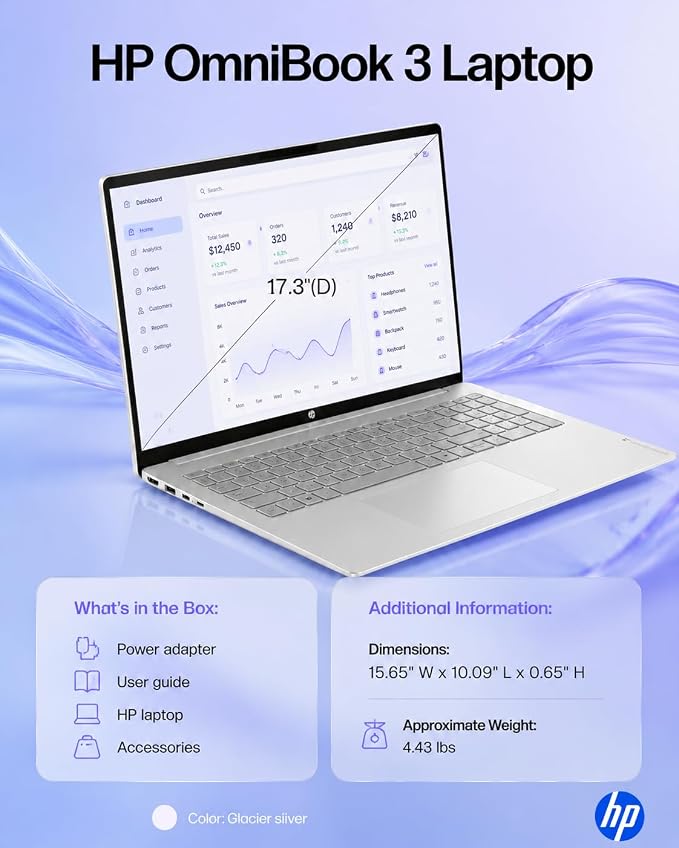 HP OmniBook 3 17.3" Touchscreen Laptop, AMD Ryzen 5 130 Processor (Up to 4.55 GHz), 32GB RAM, 1TB SSD, FHD IPS Display, Backlit Keyboard, Windows 11 Pro, Radeon 660M Graphics, Wi-Fi 6, Copilot+ PC