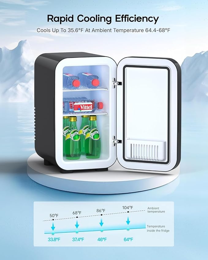 BEICHEN Mini Fridge,6 Liter / 8 Can Small Fridge for Bedroom, Car, Office | Cooler & Warmer for Food, Drinks, Skincare,Energy Saving, Low Noise,110V Ac/12V Dc,Compact & Portable,BLACK ﻿