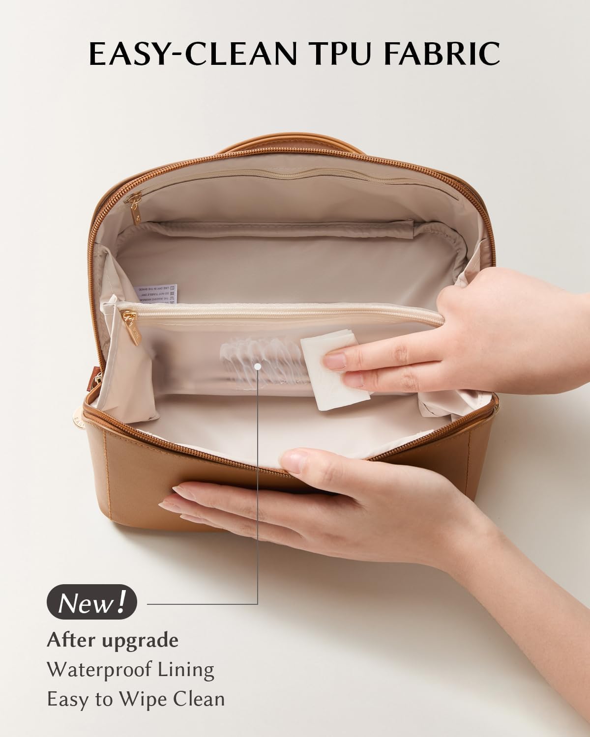 EACHY Travel Makeup Bag for Women, PU Leather Cosmetic Bag, Brown, Medium