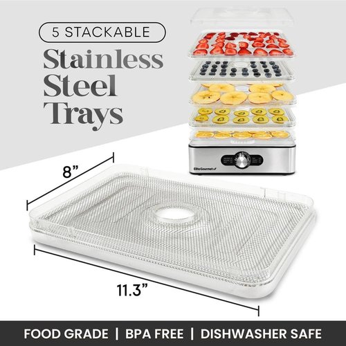 Elite Gourmet Food Dehydrator - Stainless Steel Trays with Adjustable Temperature Control | Perfect for Jerky, Herbs, Fruits, and Veggies