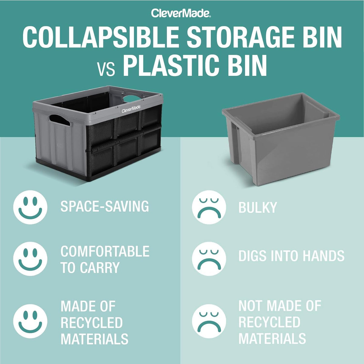 CleverMade Collapsible Storage Bins, 32L 3 Pack, Durable Plastic, Stone | Built-in handles simplify garage, car and household organization, while the roomy open-top keeps bulky supplies accessible