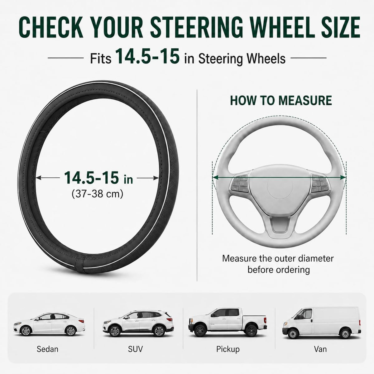 15Inch Leather Steering Wheel Cover, Anti-Slip, Universal Fit,Black