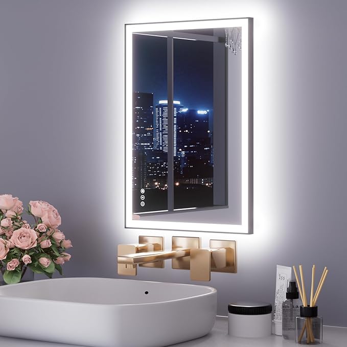 WTTY 20"X28" LED Bathroom Mirror with Black Frame, Bathroom Vanity Mirror with Lights for Wall, Front Light and Backlit, Anti-Fog, Dimmable, 3 Colors, Shatterproof, Memory, Horizontal/Vertical