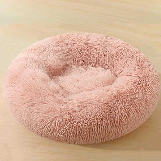 Calming Small Dog Bed & Cat Bed, 16 Inch Donut Fluffy Anti-Anxiety Round Bed Washable Cute Bed, Cuddler Warming Cozy Soft Bed, Plush Cushion Bed for Small Medium Dogs and Cats (Pink)