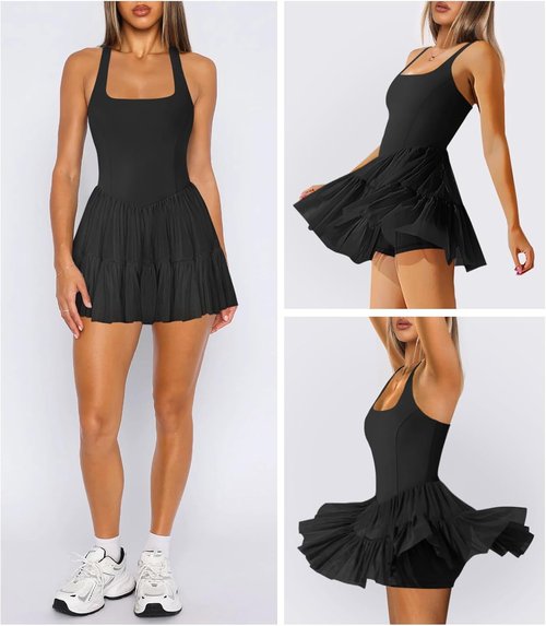 Hragc Women's Tennis Dress - Flowy Pleated Ruffle Halter Neck Mini Dress with Shorts Pocket