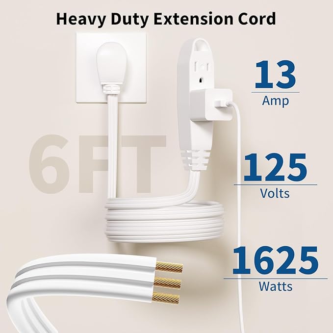 K KASONIC - 6 Feet 3 Outlet Extension Cord 2 Pack - Triple Wire Grounded Multi Outlet, UL Listed 16/3 SPT-3, 13 Amp - 125V - 1625 Watts (White)