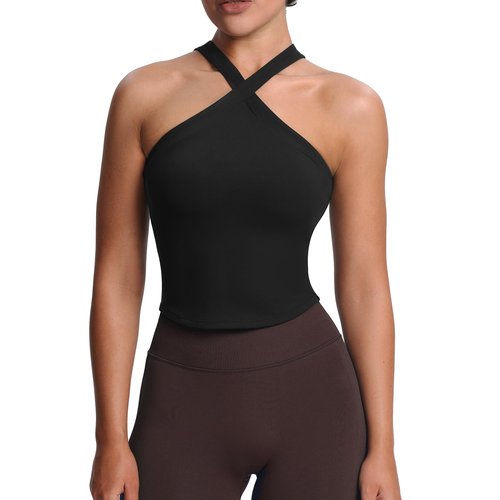 Aoxjox Women's Workout Cross-Neck Sport Bras Fitness Elanor Bra Yoga Crop Tank (Black, Medium)