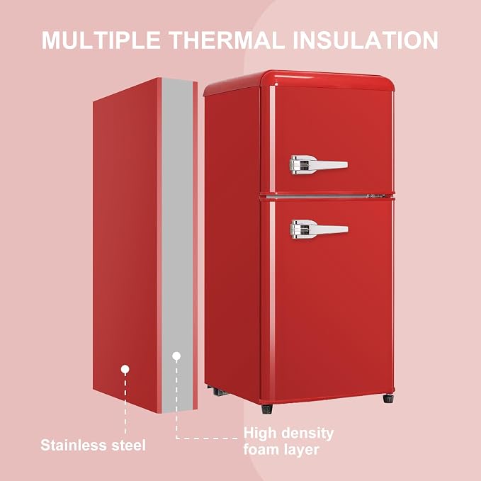 Mini Fridge with Freezer, 3.2 Cu.Ft Retro Double Door Refrigerator with 7 Level Thermostat, Adjustable Removable Glass Shelves for Bedroom Office Apartment Dorm Bar (RED, 3.2 Cu.Ft.)