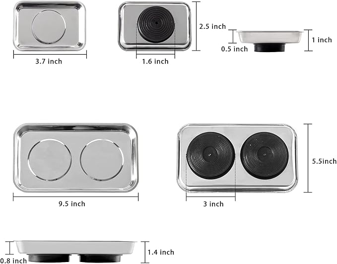 5 Pieces Magnetic Trays Set Stainless Steel Magnet Tool Tray Parts Holder for Screws, Sockets, Bolts, Pins, Mechanic's and Automotive