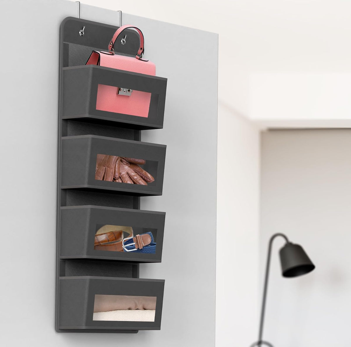 Simple Houseware 4 Clear Window Pocket Over Closet Door Storage Hanging Organizer for Bedroom, Bathroom, Pantry, Dark Grey