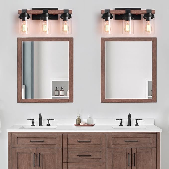 3 Light Farmhouse Vanity Light, Rustic Black Bathroom Light Over Mirror with Clear Glass Shade, Wood Grain Vintage Farmhouse Wall Sconces for Bathroom, Living Room, Hallway