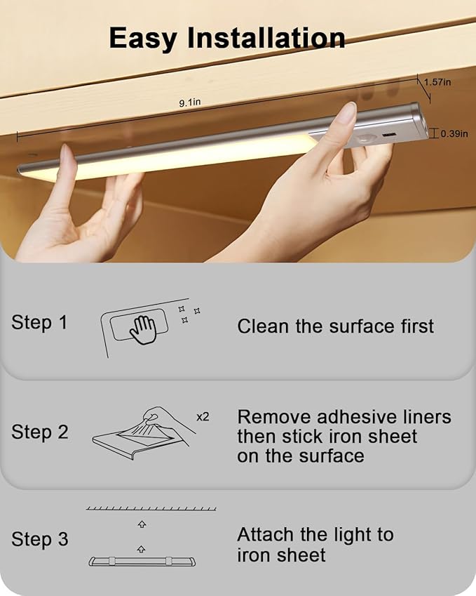Under Cabinet Lighting,Rechargeable Motion Sensor Light Indoor with Hand Wave Sensor, 3 Color Temps,2Pack Magnetic Dimmable Closet Lights,Wireless Under Counter Lights for Kitchen, Stairs,Hallway