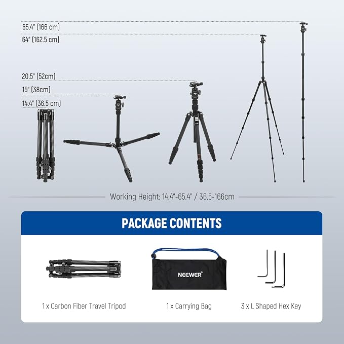 NEEWER Carbon Fiber Camera Tripod Monopod, 360° Ball Head, Anti Slip QR Plate