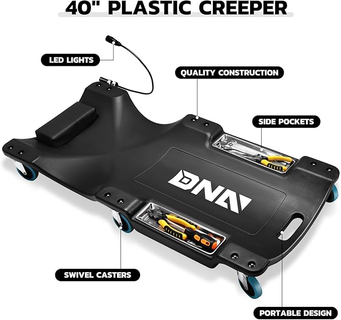 DNA Motoring 40 Inch Low Profile Plastic Rolling Garage Shop Floor Creeper with LED Light, Padded Headrest, Dual Tool Trays, Casters, Black, TOOLS-00389-BK
