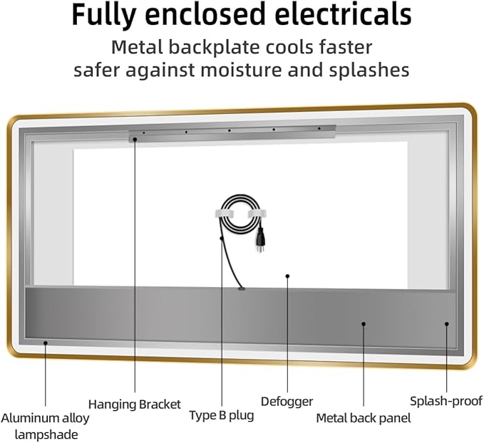 36x72 Gold LED Mirror for Bathroom, Metal Framed Smart Mirror with Backlit, Anti-Fog, Stepless Dimmable & 3-Color Lights, UL-Listed LED Driver, Lighted Vanity Wall, Horizontal