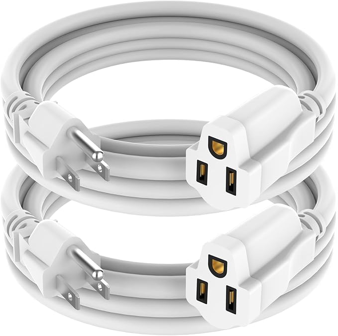 2 Pack Power Extension Cord 5FT, 3-Prong Grounded Electrical Extension Cable Outlet Saver, Single Outlet Extender, Outdoor and Indoor, Heavy-Duty, Waterproof, Flexible, 16AWG, SJTW, 13A 125V(White)