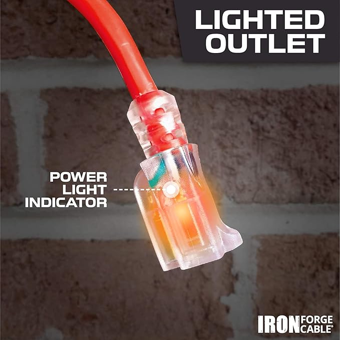 Iron Forge Cable Lighted Outdoor Extension Cord 100 ft - 14 Gauge 13 Amp Heavy Duty Power Extension Cords - SJTW - Great for Major Appliances, Power Tools, Garden Supplies - Red