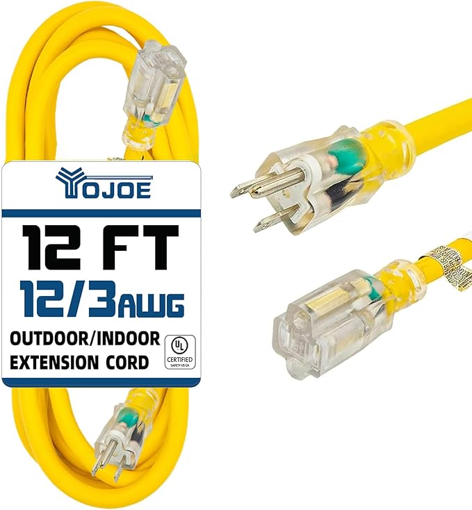 YOJOE Indoor Outdoor Extension Cord with Lighted End, 3 Prong 15A Weatherproof Power Cord, 12 Gauge Heavy Duty 12 ft Yellow Extension Cord for Garage, Garden and Home, 12/3 SJTW UL Listed