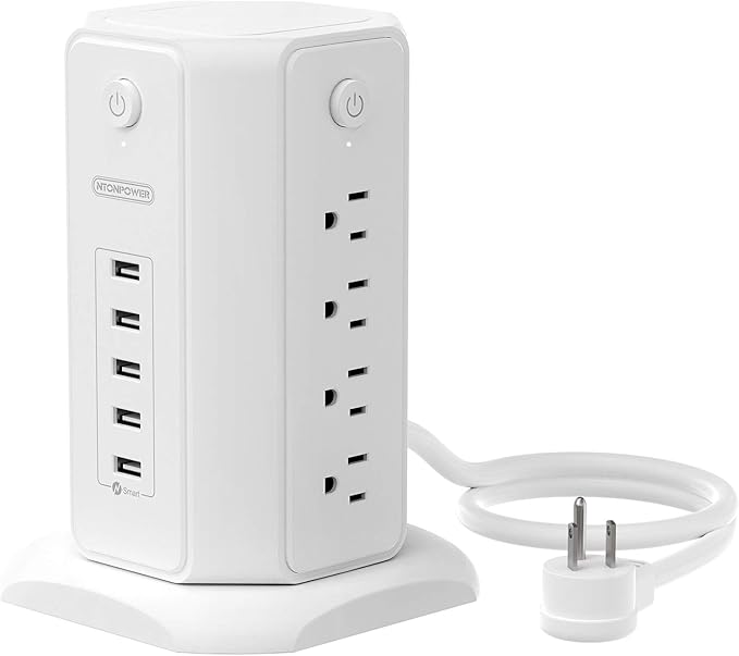 Power Strip Tower Surge Protector, NTONPOWER 8 Outlet 5 USB Desktop Charging Station 1625W 13A, 6ft Extension Cord Flat Plug, Individual Switches, 1080 Joules, Overload Protection for Home Office
