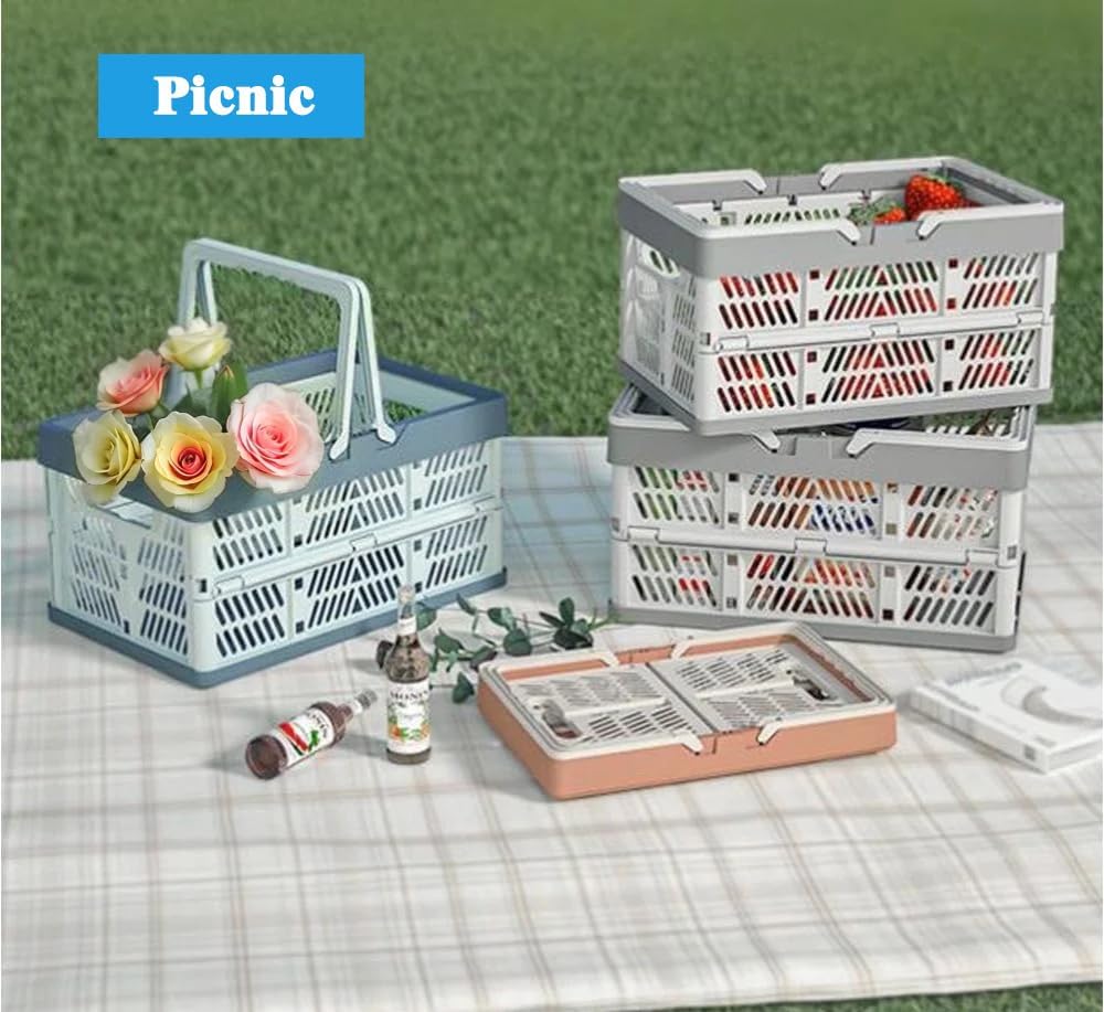 Collapsible Storage Crate with Handles, Milk Crates，33L Foldable Plastic Shopping Basket, Organizer Container for Car Home Pinic (Light blue, Large)