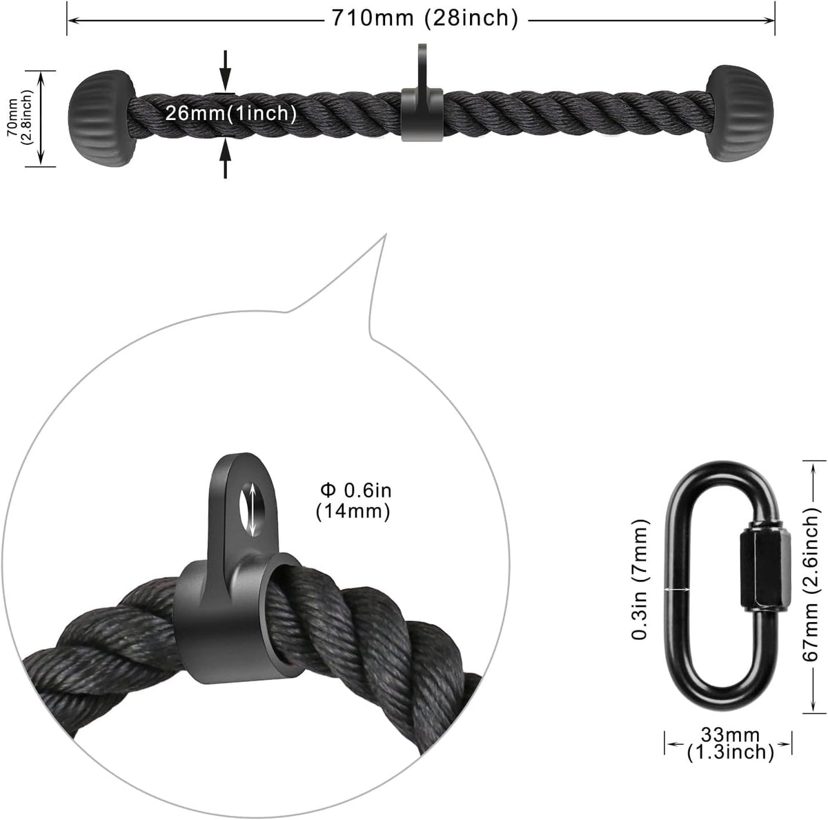 SELEWARE Triceps Rope - Non-Slip Soft Rubber Ends for Home Gym | 28 & 36 Inch LAT Pulldown Attachment in Black and Orange