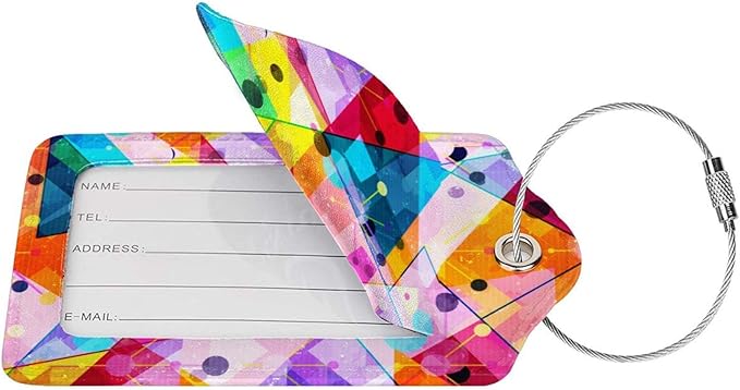 2-Pack PU Leather Luggage Tag with Colorful Geometric Pattern, Rainbow Airport Suitcase Baggage Label Tags, Business ID Card Holders Gifts for Women Men Girls Boys Kids Crew