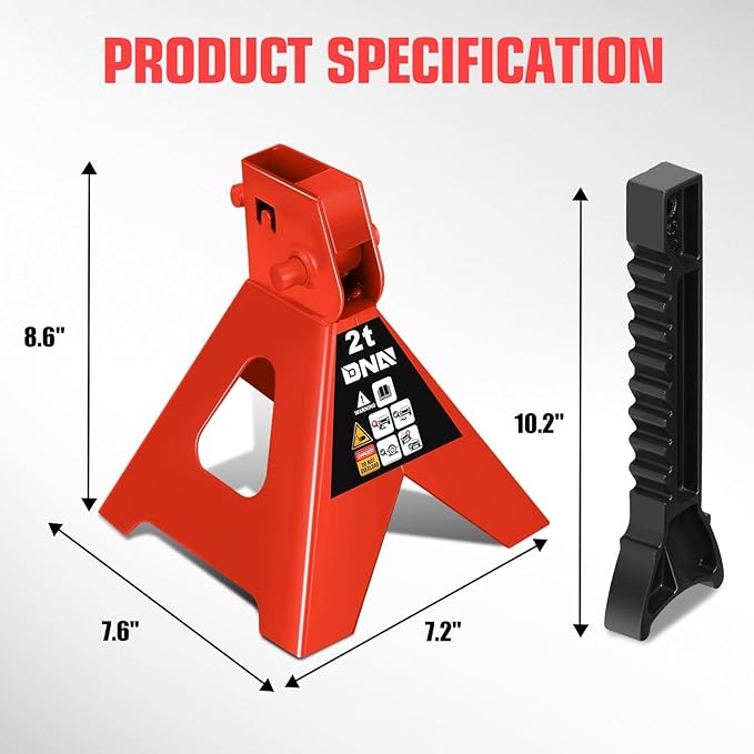 DNA Motoring 1 Pair Jack Stands, 2 Ton (4400 lbs) Capacity Car Lifting Stand, Adjustable Height Car Jack Stands for Cars, Sedans, Small Vehicles, SUV, TOOLS-00681-RD