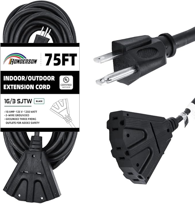 3-Outlets Indoor Outdoor Extension Cord Weatherproof, UL Certified, 16 Gauge 75FT Black 3 Prong Heavy Duty, 16/3 SJTW 10A Power Cord