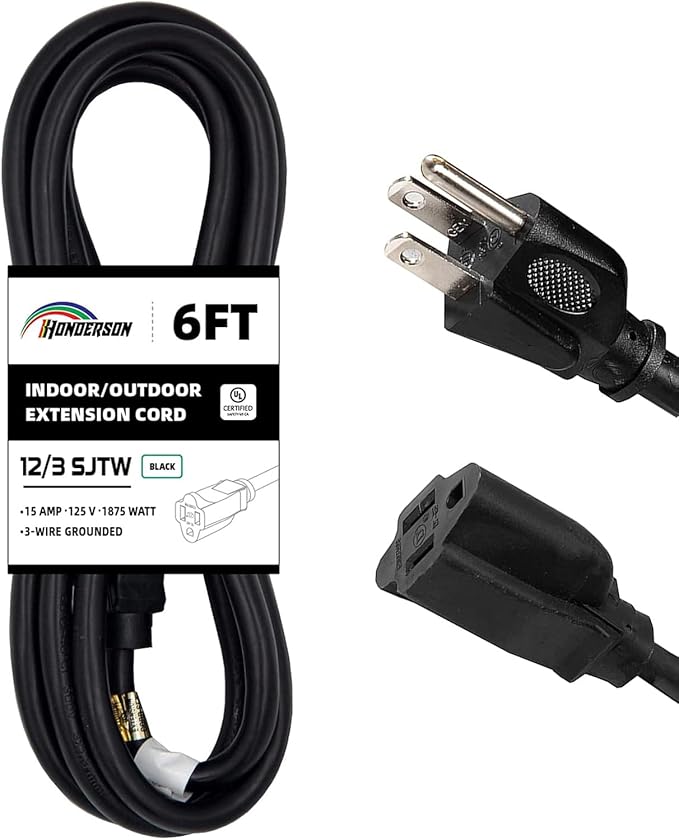 Indoor Outdoor Extension Cord Weatherproof, UL Certified, 12 Gauge 6FT Black 3 Prong Heavy Duty, 12/3 SJTW 15A Power Cord for Outdoor Lights, Appliances, Lawn