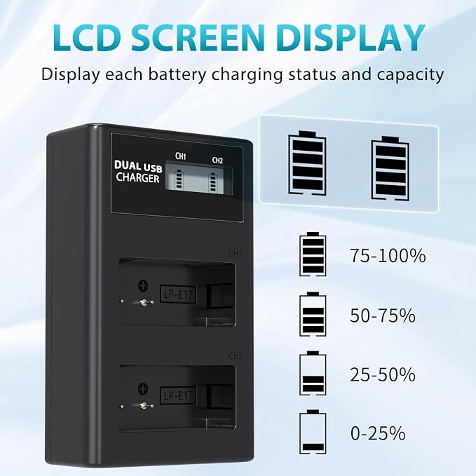LP LP-E17 Battery Charger, LCD Display & USB-C Dual Slot Charger Compatible