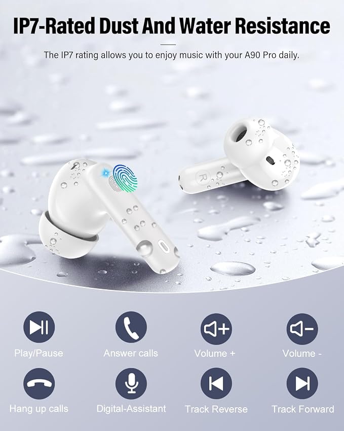 Wireless Earbuds, Bluetooth 5.4 Headphones Bass Stereo/Clear Calls, White | Ear Buds with Noise Cancelling Mic LED Display in Ear Earphones IP7 Waterproof 36H Bluetooth Earbuds for Phones/Sport/Laptop