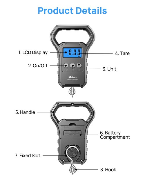 Meilen Fishing Scale - 110lb/50kg Digital Luggage Weigh Scale with Backlit LCD Display | Ideal for Travel & Fishing