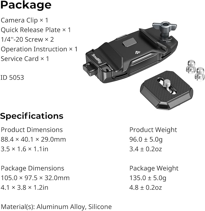 SMALLRIG Camera Clip with Plate, Quick Release System, Max Payload 40kg/88lb