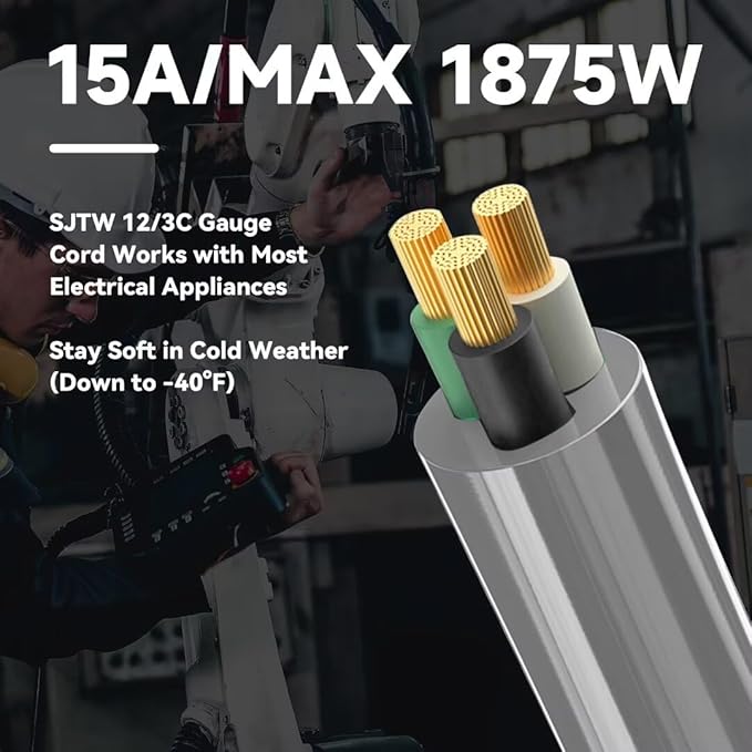 Indoor Outdoor Extension Cord, 12 Gauge 3 Prong Weatherproof Heavy Duty Gray Extension Cords, 12/3 SJTW 15A 6 FT Extension Cable for Garage, Garden and Home, UL Listed