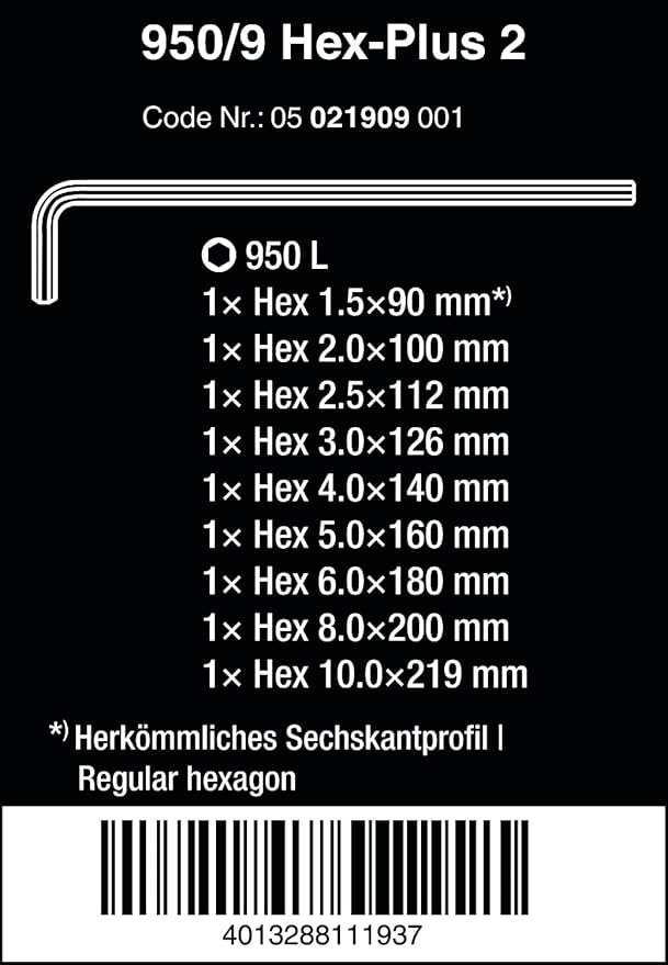 WERA 05021909001 950/9 Hex-Plus 2 L-Key Set, Metric, Chrome-Plated, 9 Pieces