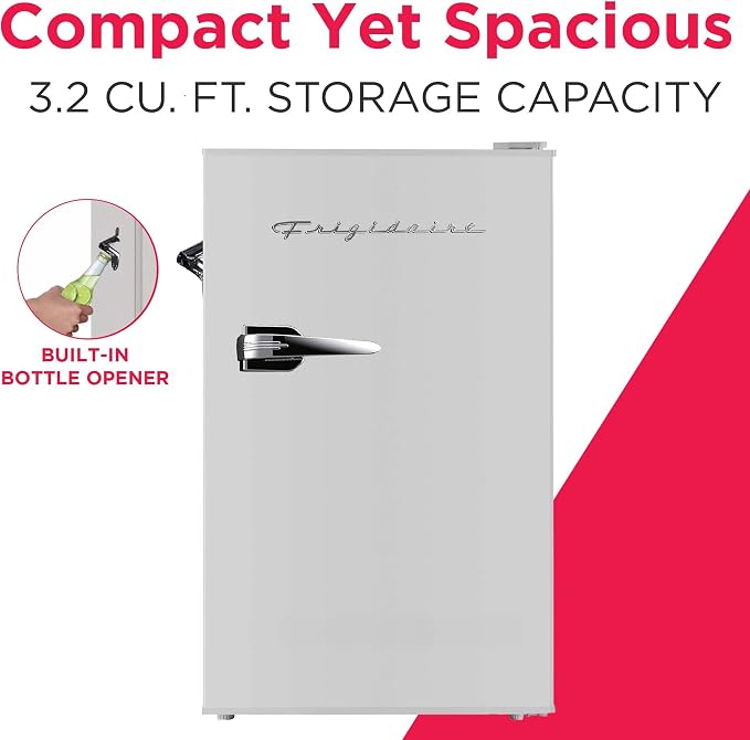 Frigidaire Retro Compact Fridge with Chiller, 3.2 cu ft Countertop Fridge with Built-In Bottle Opener, Compact Refrigerator for Office, Bedroom, Dorm Room or Cabin - 16.5"D x 19"W x 31"H (Moonbeam)
