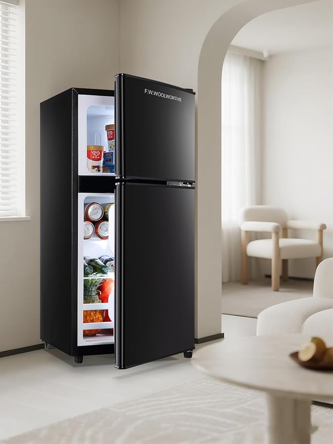 F.W.WOOLWORTHS 3.5 Cu.Ft Refrigerator with Freezer | Compact Fridge with 2 Doors for Office, Kitchen, Dorm and Bedroom, 7 Level Temp Adjustable Thermostat, Black