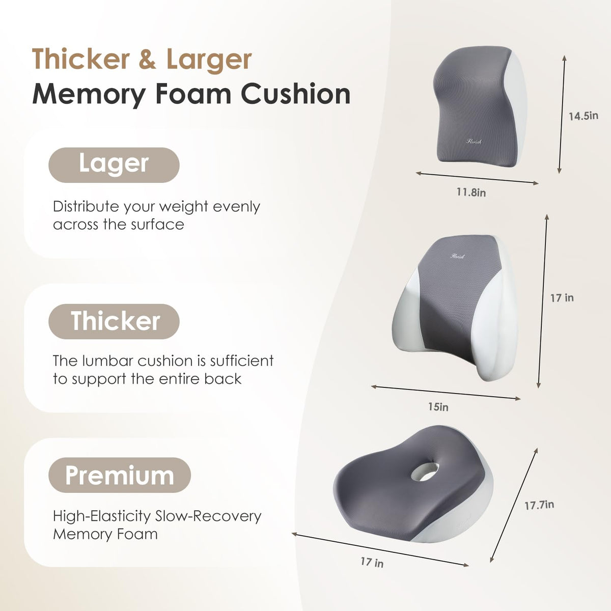FLORICH Car Seat Cushion & Lumbar Support Pillow & Car Neck Pillow Ergonomic and 100% Memory Foam, Upgraded Larger and Breathable Car Seat Cushion & Back Support Pillow - Gray
