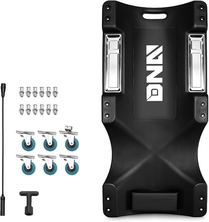 DNA Motoring 40 Inch Low Profile Plastic Rolling Garage Shop Floor Creeper with LED Light, Padded Headrest, Dual Tool Trays, Casters, Black, TOOLS-00389-BK