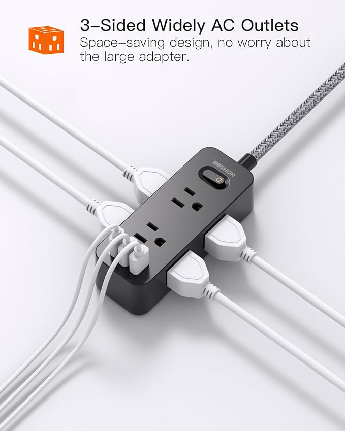 Extension Cord 20FT, BESHON Power Strip Surge Protector, 6 Outlets with 3 USB Ports(1 USB C Outlet), 3-Side Outlet Extender, Wall Mount, Compact for Travel, Home, College Dorm Room, and Office, Black