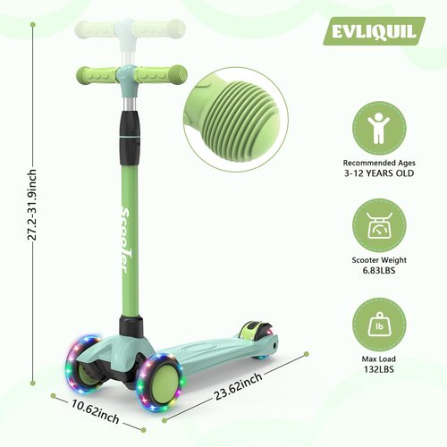 Kids Kick Scooter,Adjustable Height Handlebars and Removable Seat Scooters for Kids,3 Lighted Wheels Anti-Slip Deck Toddler Scooter for Boys & Girls Aged 3-12 up to 132 Lbs.