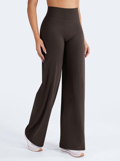 HIGORUN Straight Leggings Bottoms High Waisted No Front Seam Workout Leggings for Women 31" Wide Leg Casual Gym Yoga Pants Dark Brown