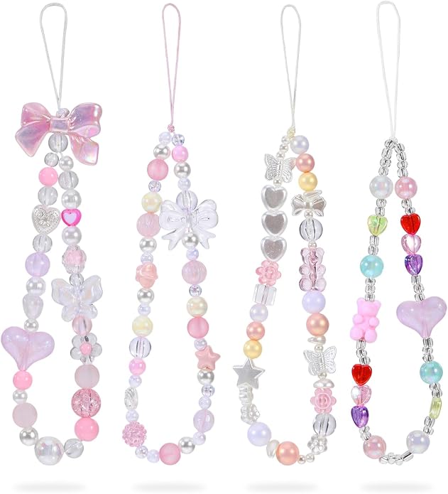 Pink Beaded Phone Wrist Straps, Y2K Phone Case Charms Camera Charm Strap