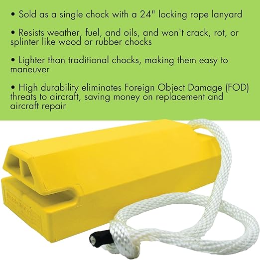 Checkers 56" Airplane Chocks, Aviation Wheel Chocks for Large and Oversized Aircraft, One Tire Chock for Polished Hangar Floors with Locking Rope, Durable Lightweight Urethane, Yellow, AC6856-LR-RP